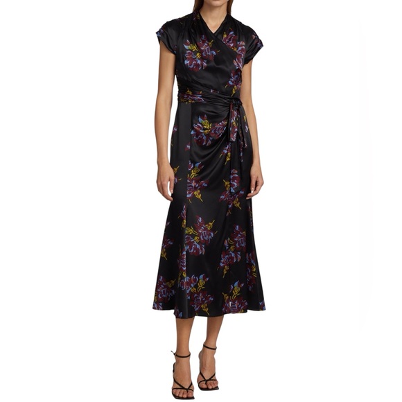 cinq a sept Dresses & Skirts - CINQ À SEPT Women’s Black Floral Neila Surplice Cocktail Silk Midi-Dress- Size 6
